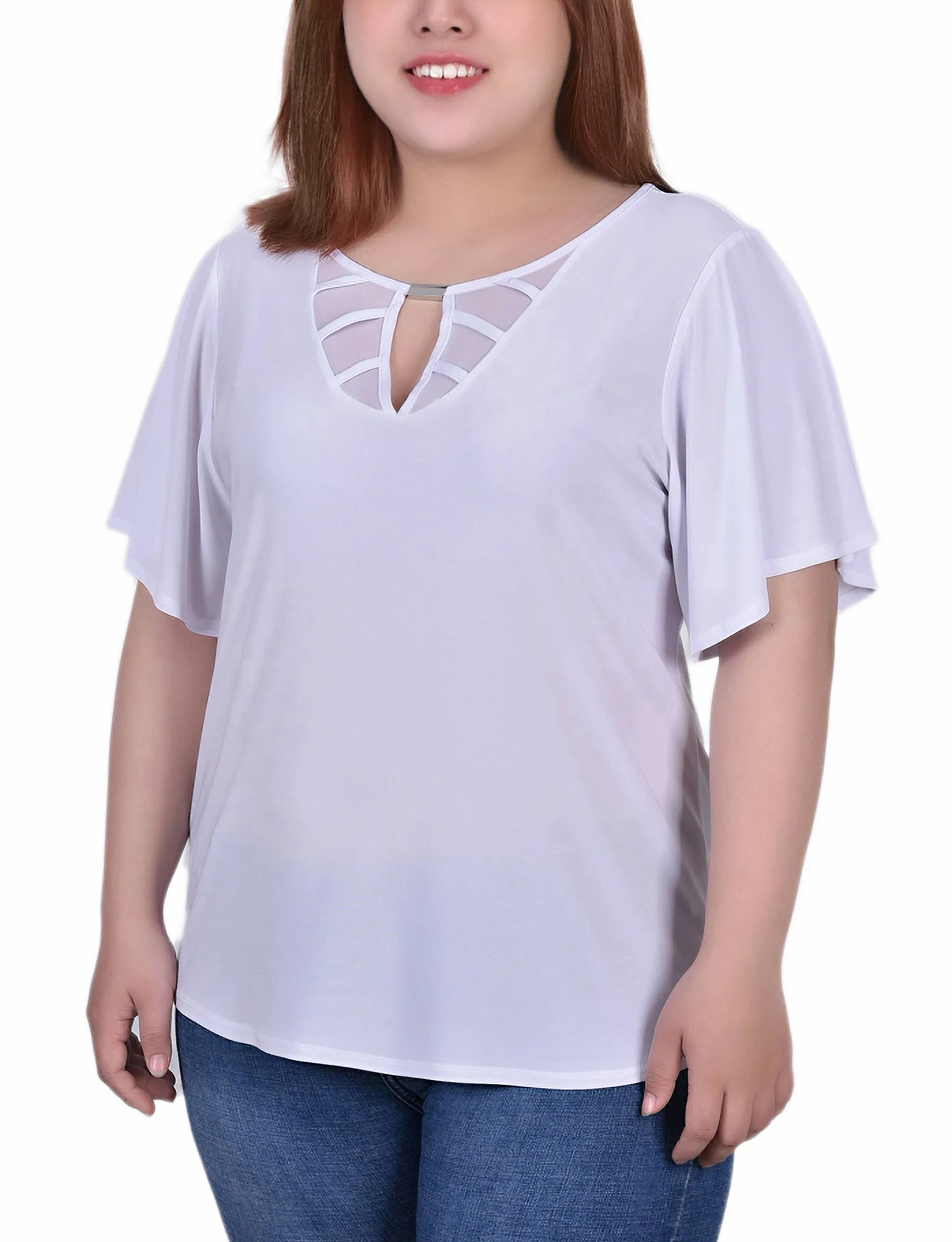 Plus Size Mesh Flutter Sleeve Knit Top