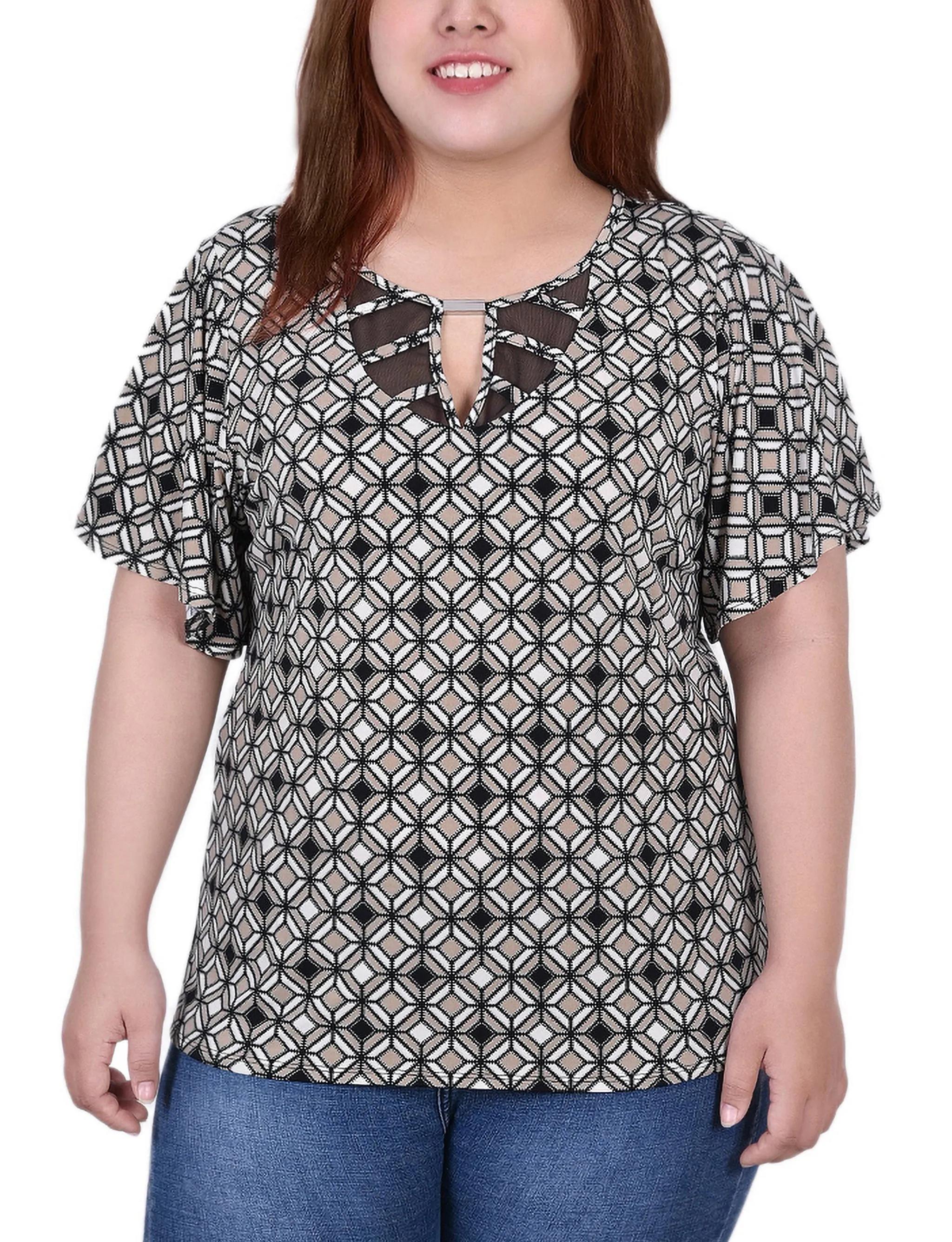 Plus Size Mesh Flutter Sleeve Knit Top
