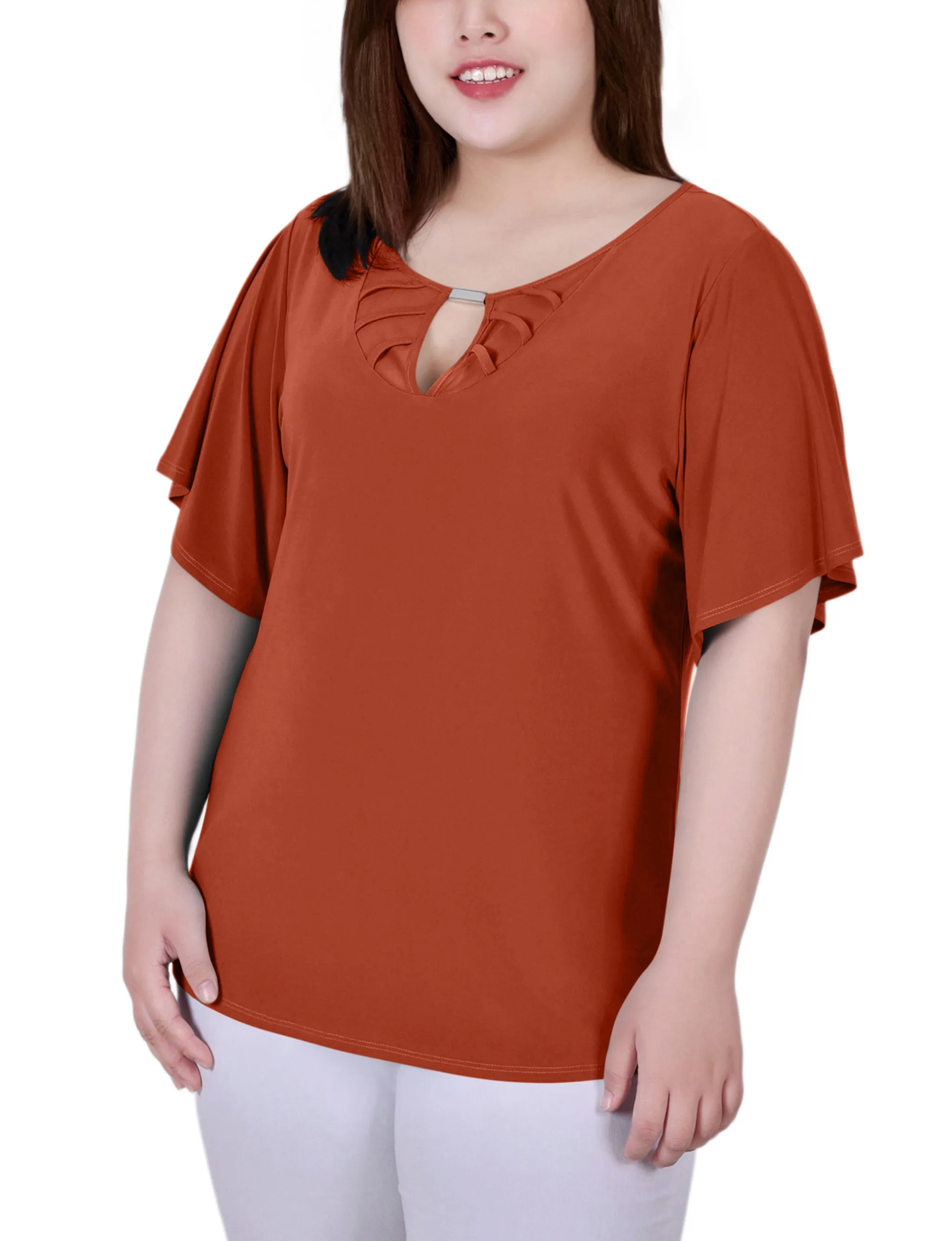 Plus Size Mesh Flutter Sleeve Knit Top