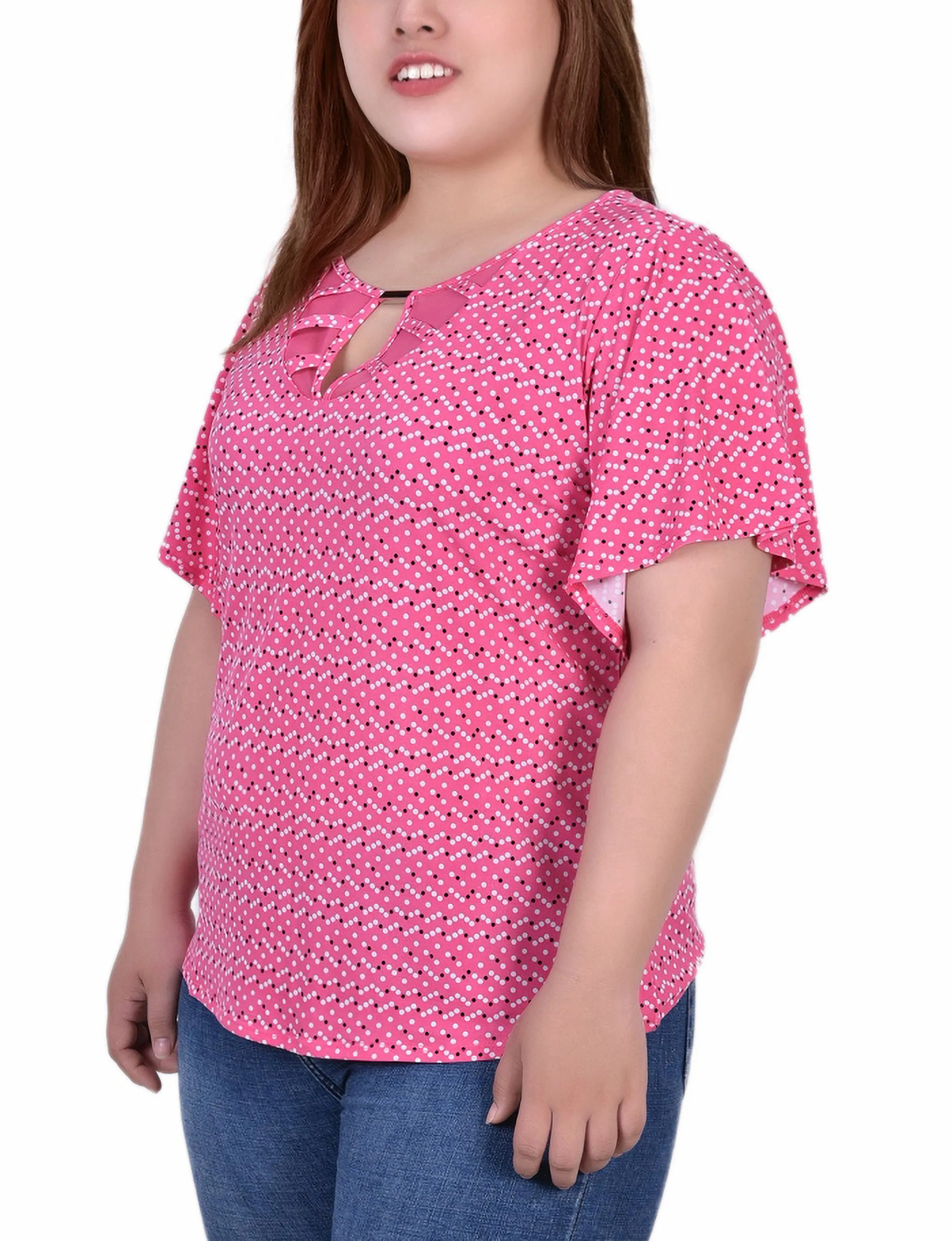 Plus Size Mesh Flutter Sleeve Knit Top