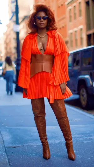 Pre Order:  Bright Orange Pleated Dress - @phenomenalkat