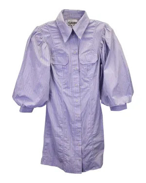 Puff Sleeve Striped Mini Shirt Dress in Light Blue Cotton