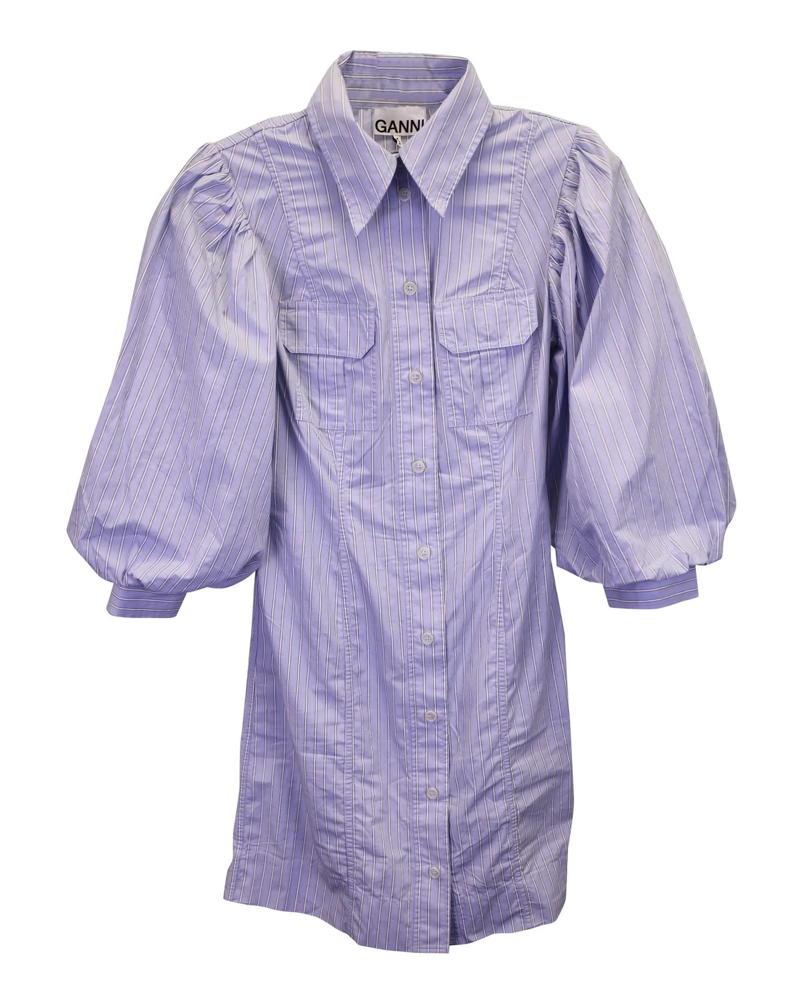 Puff Sleeve Striped Mini Shirt Dress in Light Blue Cotton