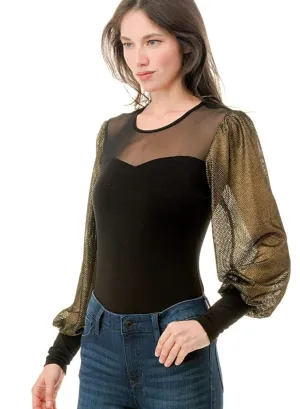 Puff Sleeve Top with Metallic Mesh Sleeve