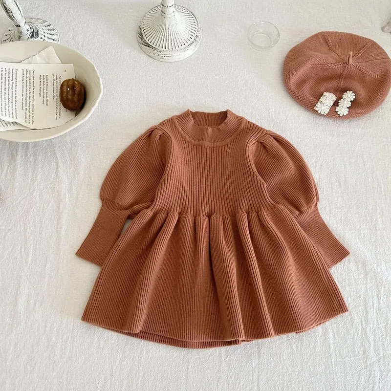 Puff Sleeved Knit Dress for Girls