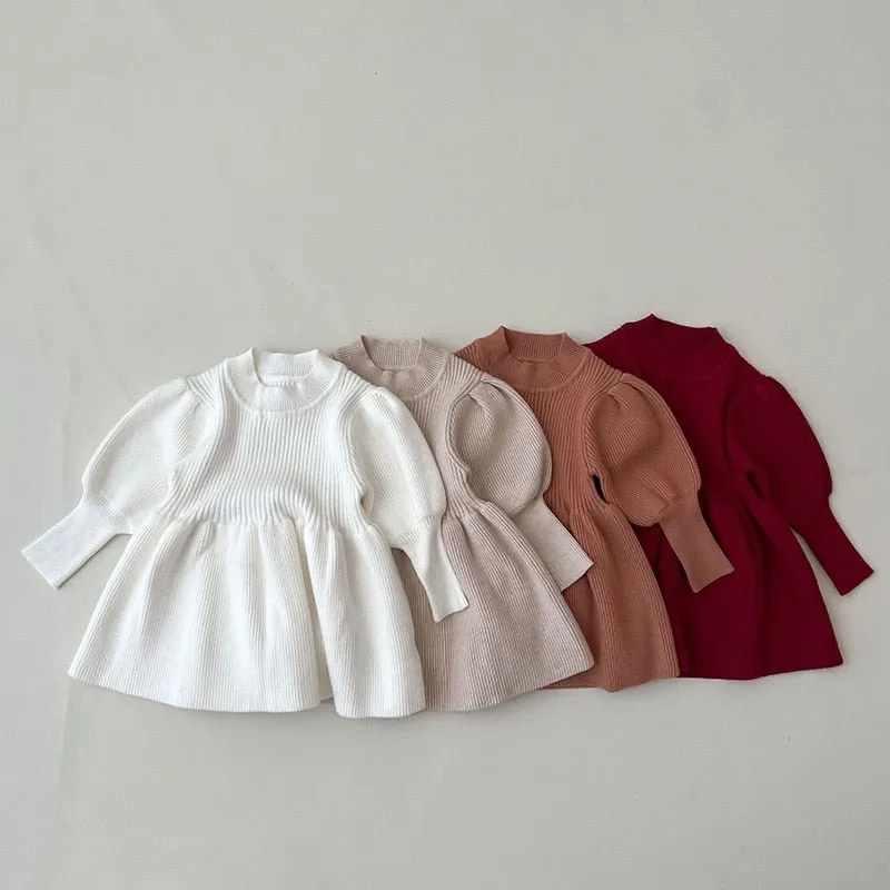Puff Sleeved Knit Dress for Girls