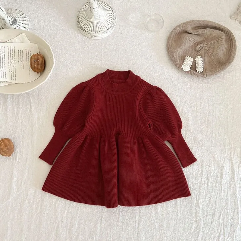 Puff Sleeved Knit Dress for Girls