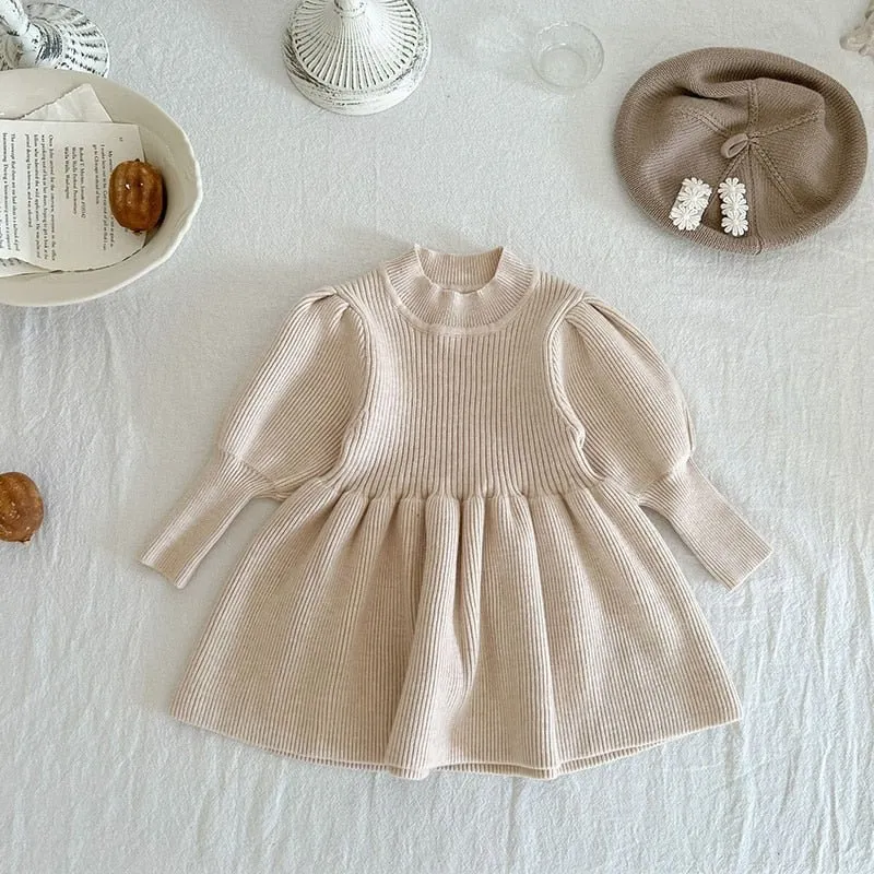 Puff Sleeved Knit Dress for Girls