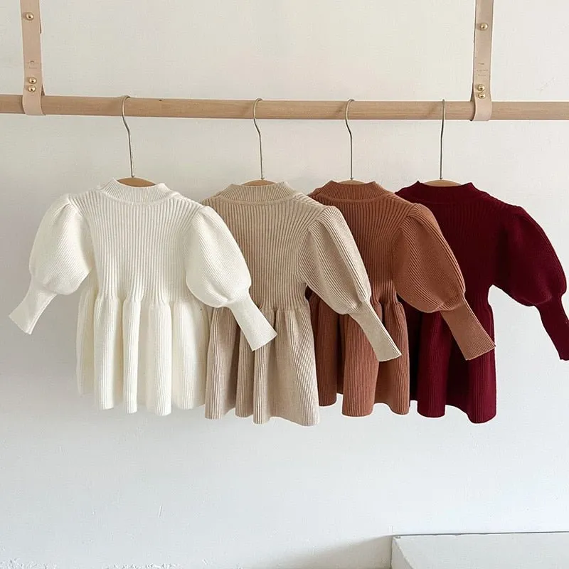 Puff Sleeved Knit Dress for Girls