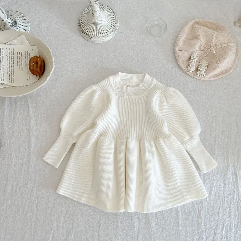 Puff Sleeved Knit Dress for Girls