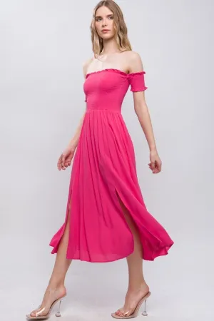 "Barbie Girl" Off Shoulder Smocked Slits Midi Dress - Hot Pink
