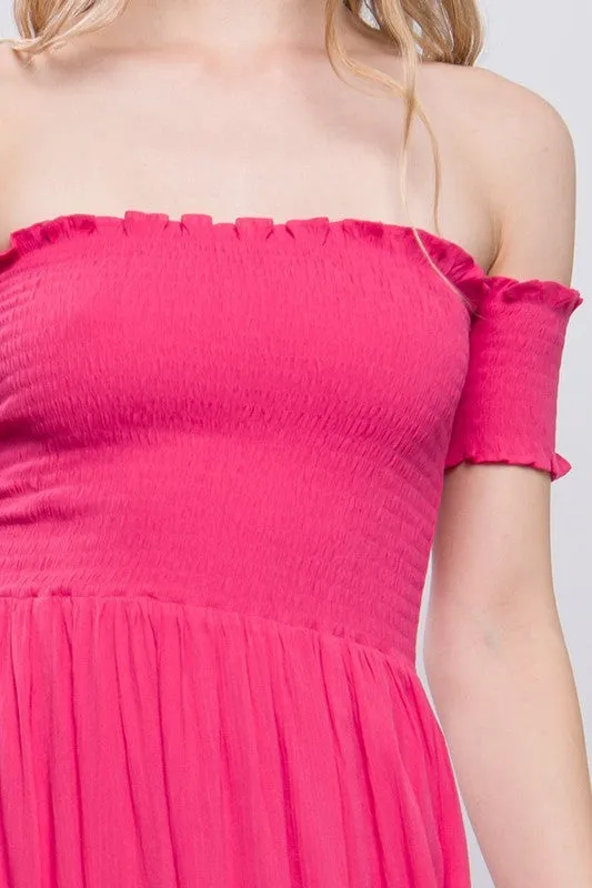 "Barbie Girl" Off Shoulder Smocked Slits Midi Dress - Hot Pink
