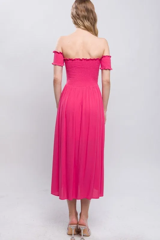 "Barbie Girl" Off Shoulder Smocked Slits Midi Dress - Hot Pink