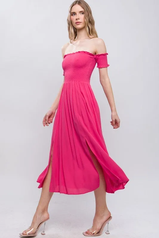 "Barbie Girl" Off Shoulder Smocked Slits Midi Dress - Hot Pink
