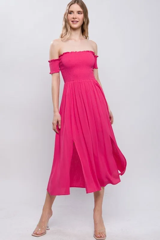 "Barbie Girl" Off Shoulder Smocked Slits Midi Dress - Hot Pink
