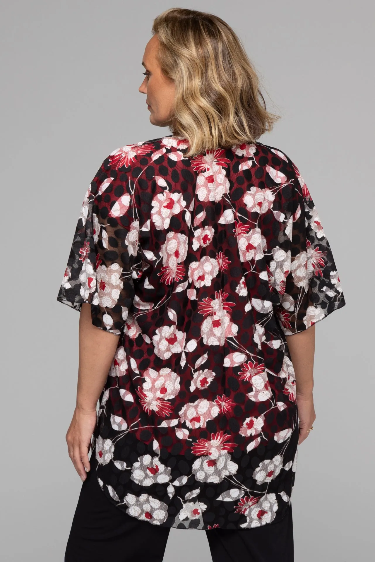Red Flower Printed Net Knit Short Sleeve Kimono