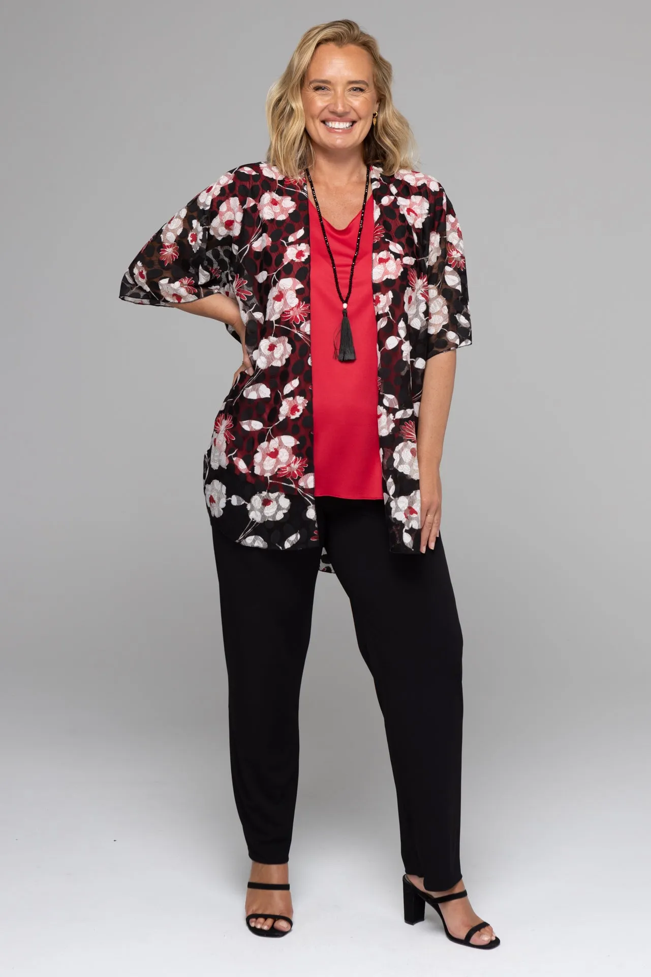 Red Flower Printed Net Knit Short Sleeve Kimono