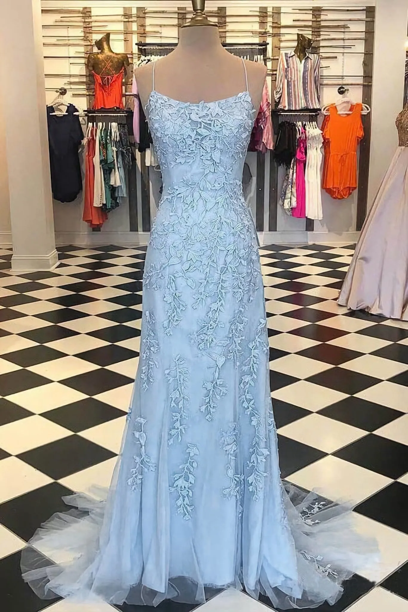 Red Spaghetti Strap Mermaid Prom Dresses With Lace Appliques Backless Formal Dress