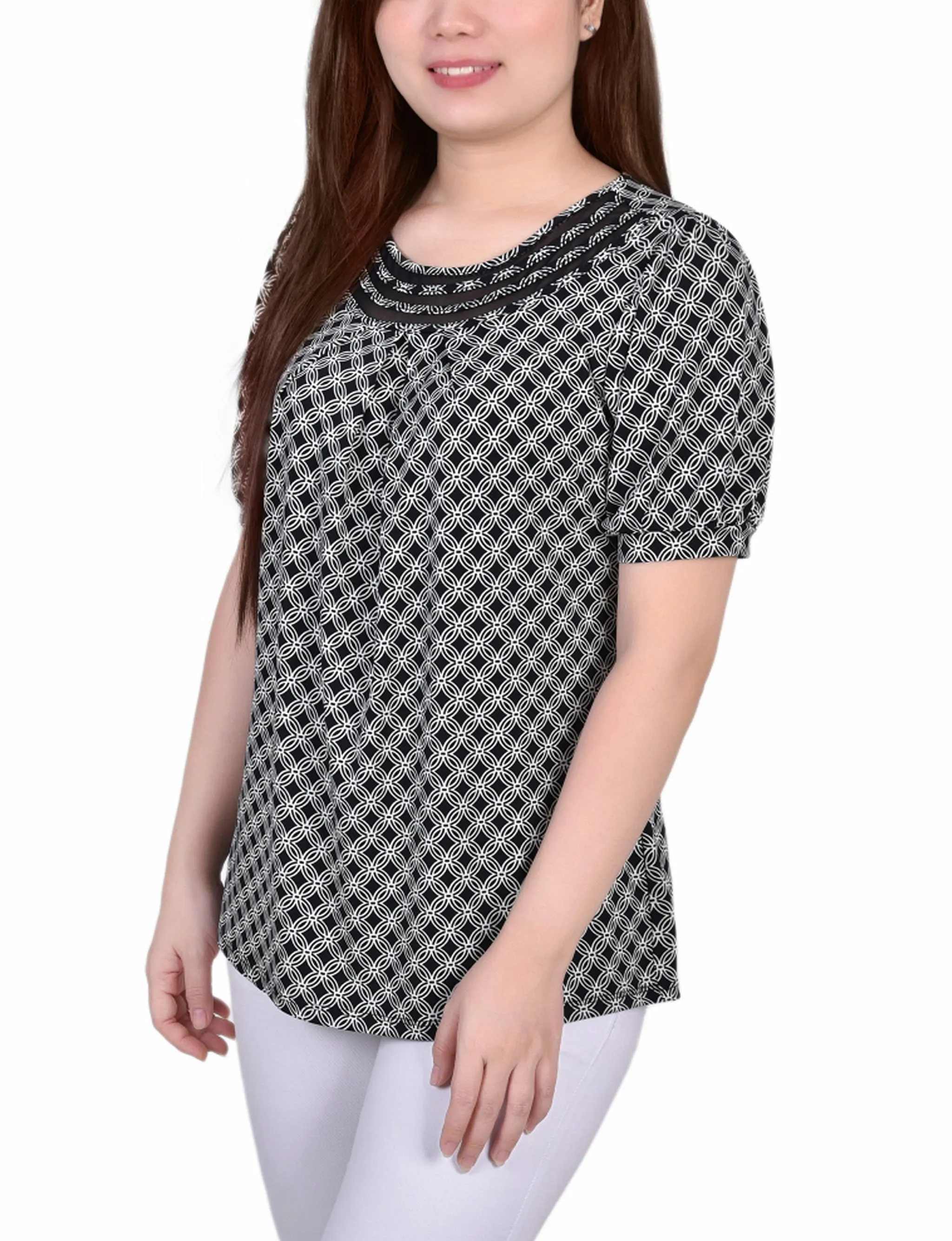 Short Puff Sleeve Sheer Inset Top