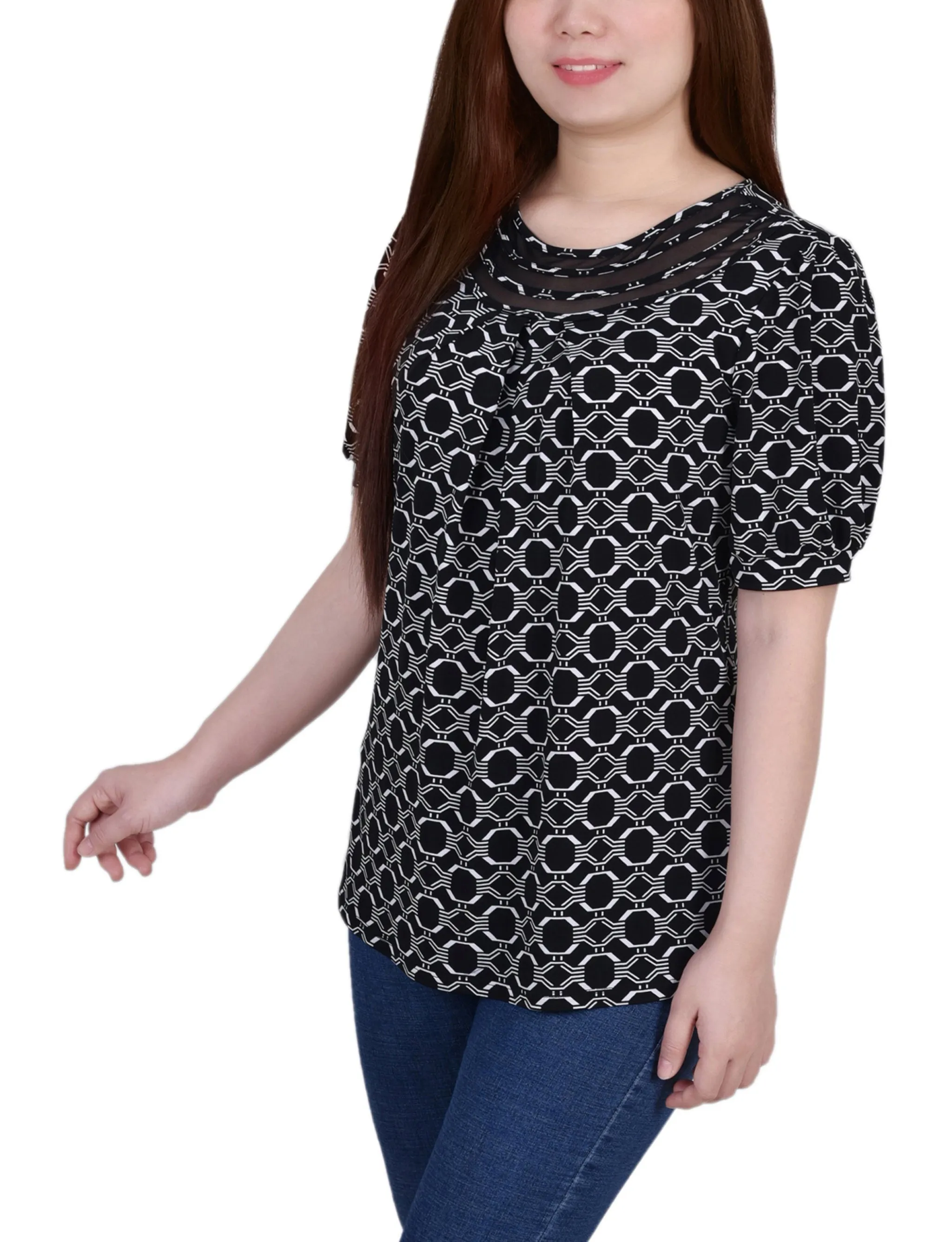 Short Puff Sleeve Sheer Inset Top