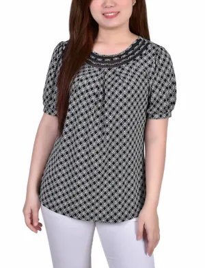 Short Puff Sleeve Sheer Inset Top