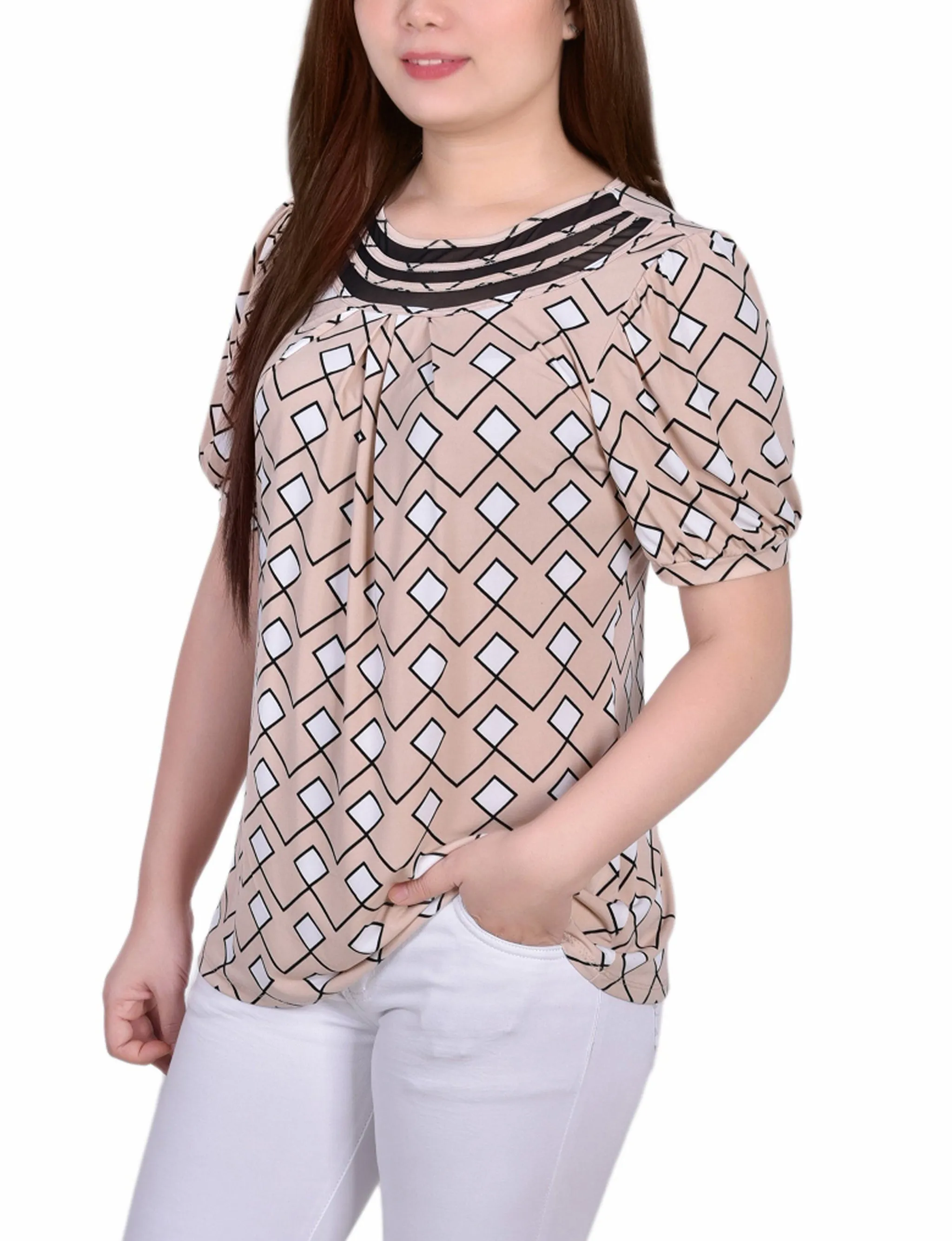 Short Puff Sleeve Sheer Inset Top