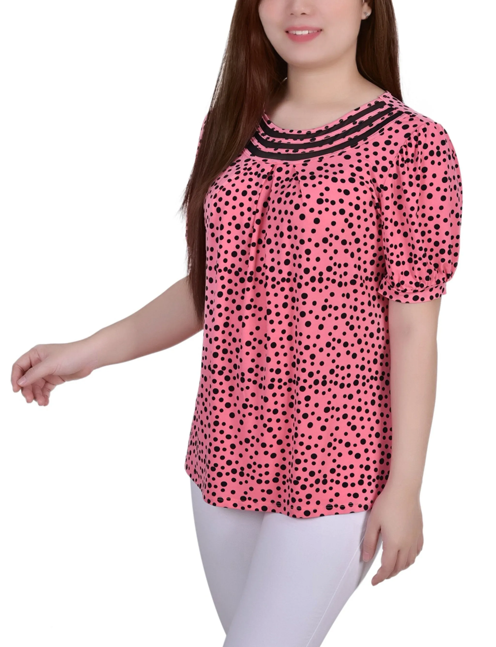 Short Puff Sleeve Sheer Inset Top