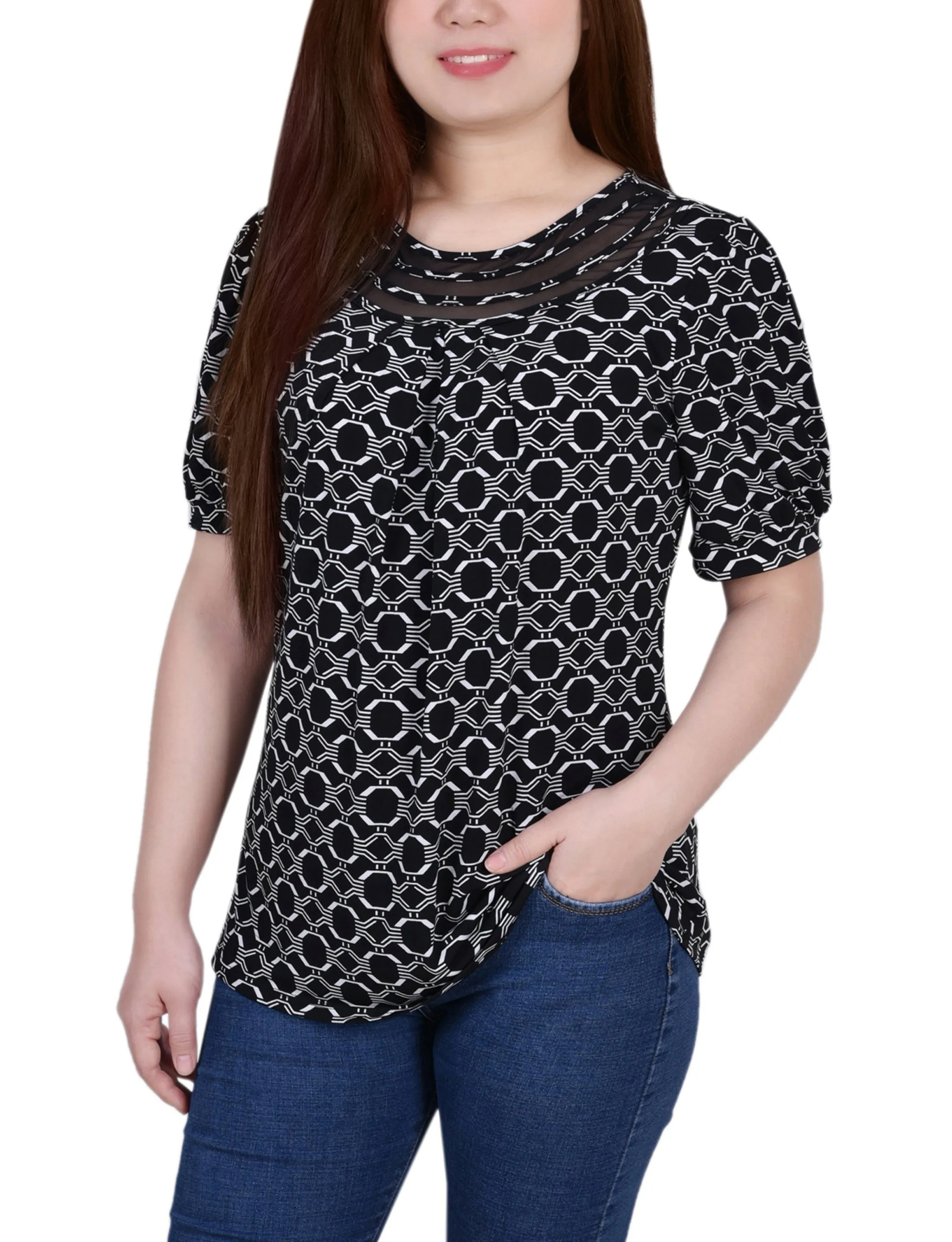 Short Puff Sleeve Sheer Inset Top