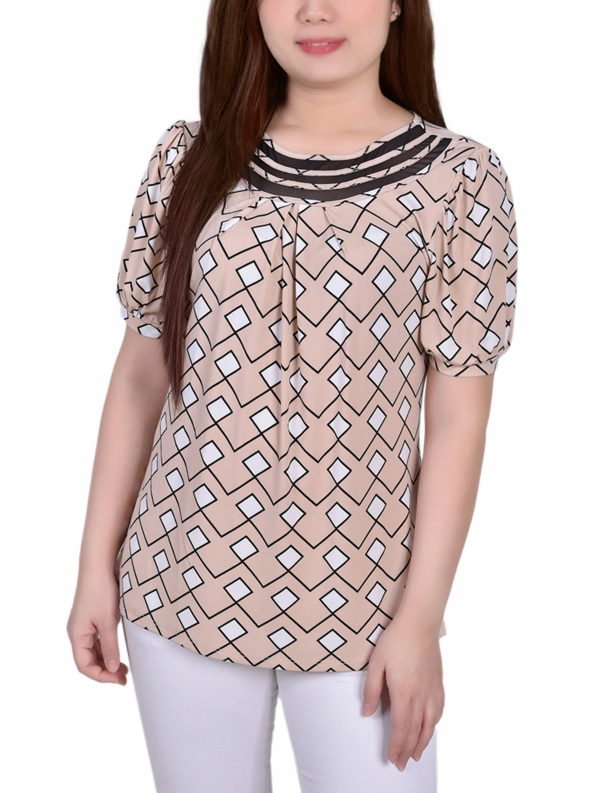 Short Puff Sleeve Sheer Inset Top