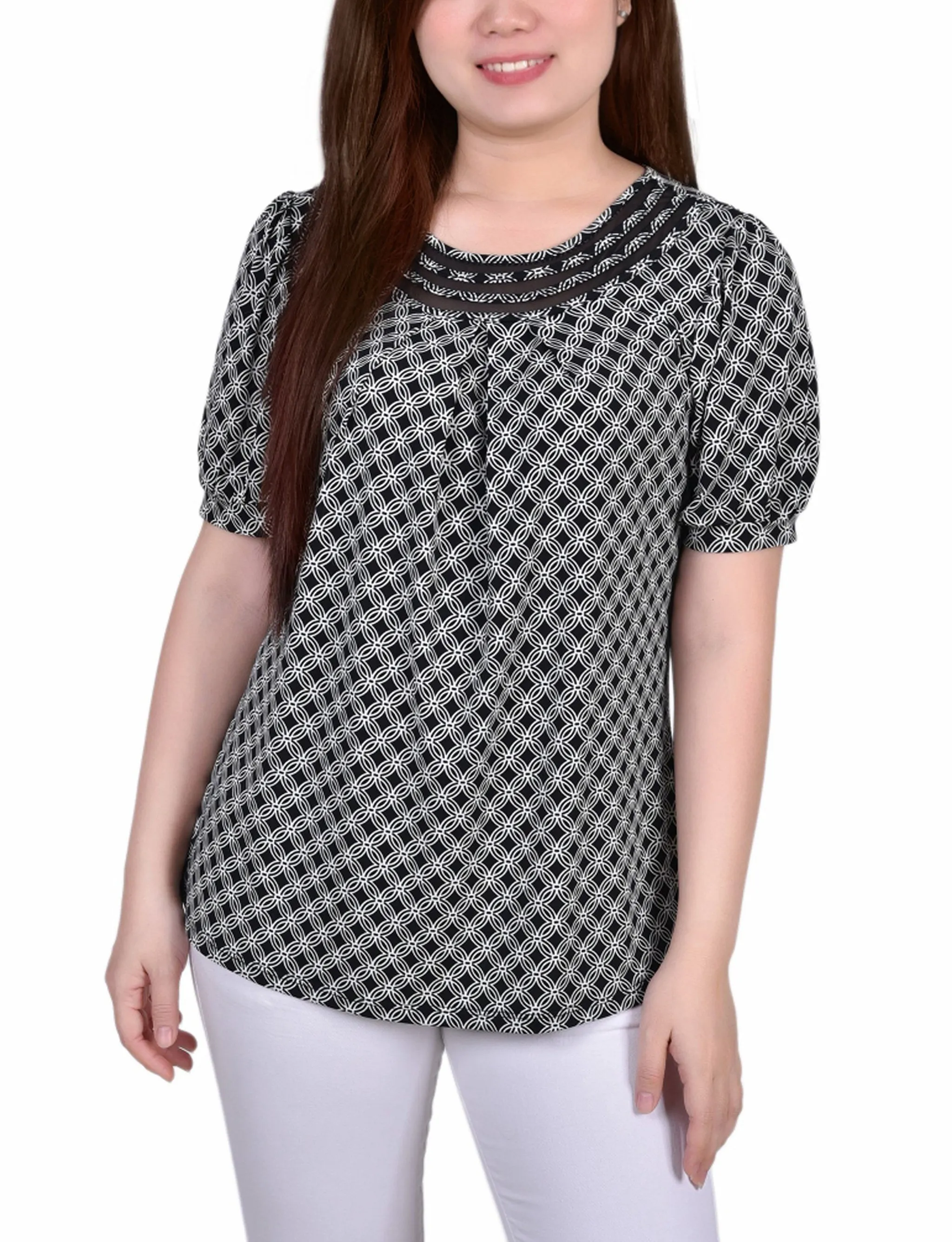 Short Puff Sleeve Sheer Inset Top