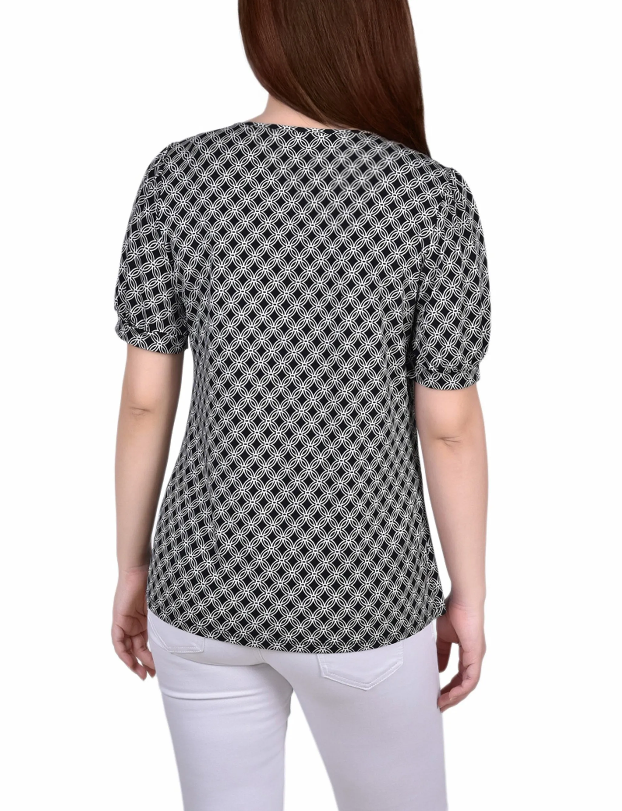 Short Puff Sleeve Sheer Inset Top
