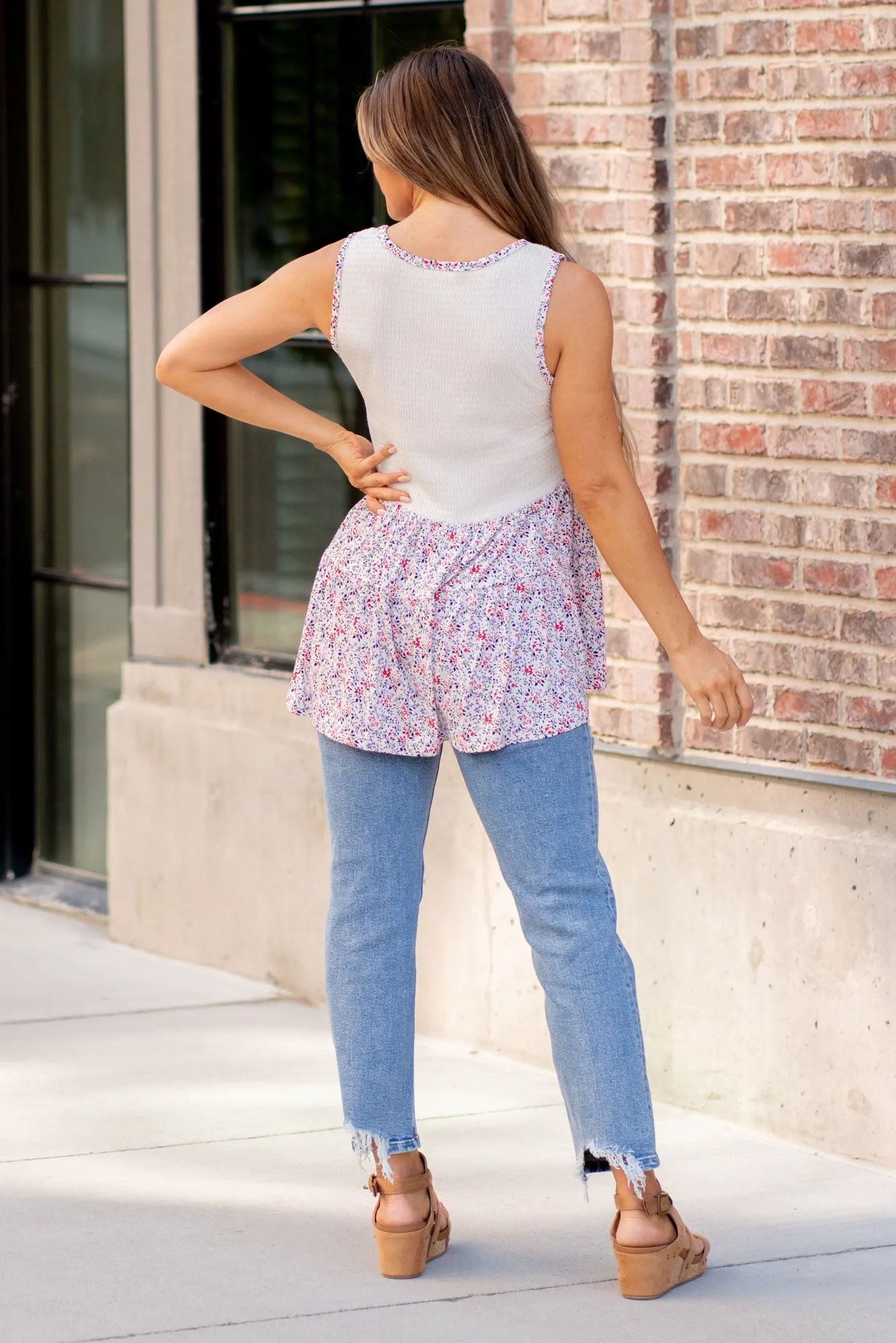 Smocked Printed Peplum Sleeveless Top Regular & Plus Sizes