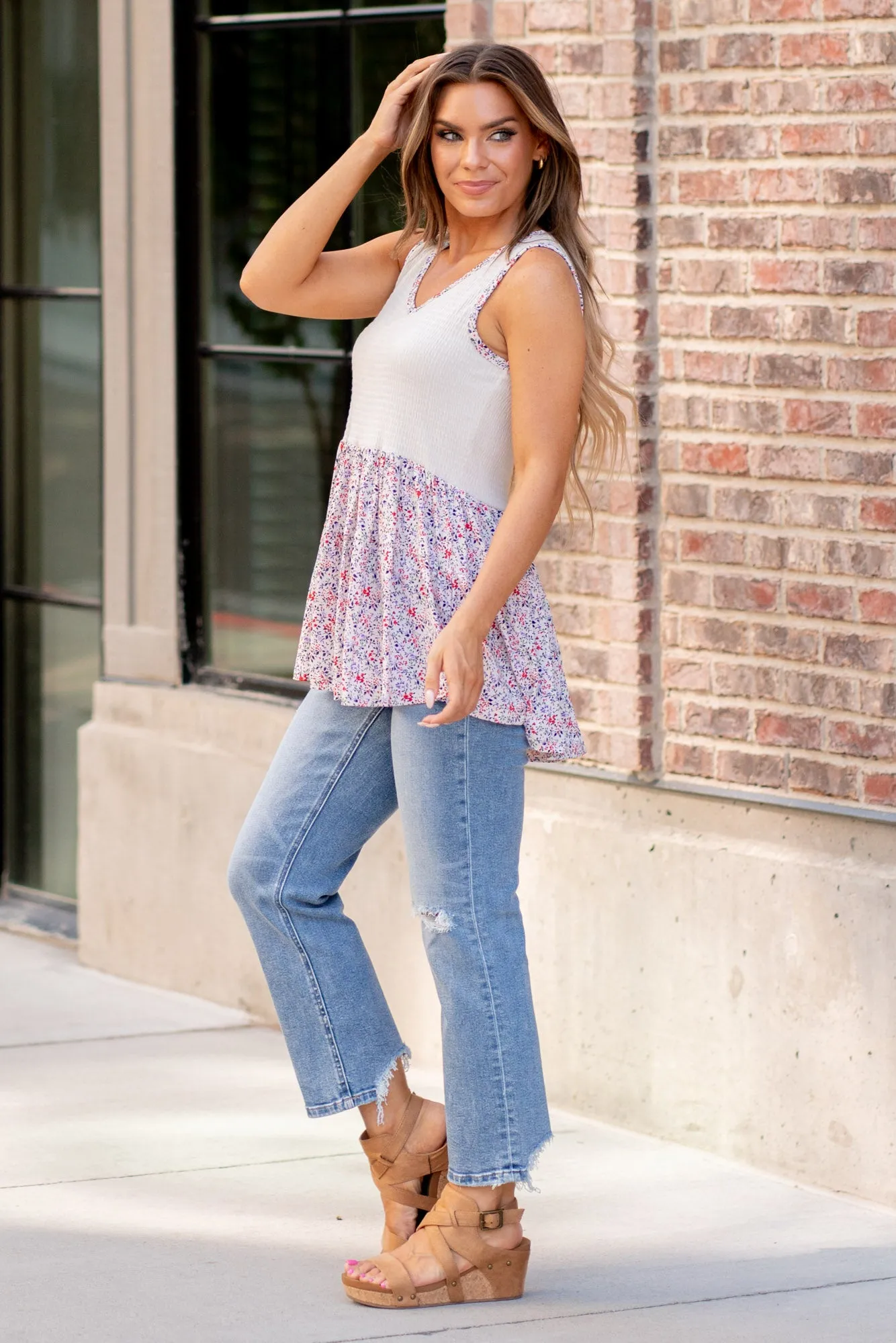 Smocked Printed Peplum Sleeveless Top Regular & Plus Sizes