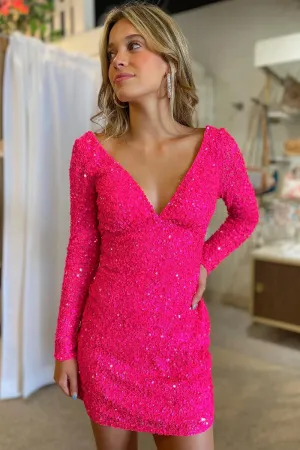 Sparkly Fuchsia Sequins Long Sleeves Backless Tight Short Homecoming Dress VK23081708