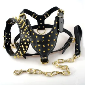 Spiked Studded Set of Genuine Leather Dog Harness Vest wt Rivets Collar & Leash