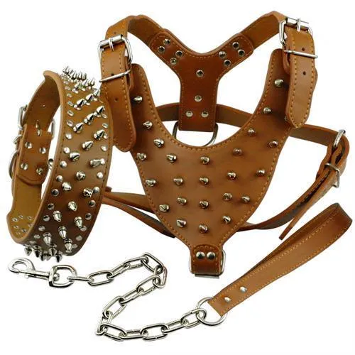 Spiked Studded Set of Genuine Leather Dog Harness Vest wt Rivets Collar & Leash