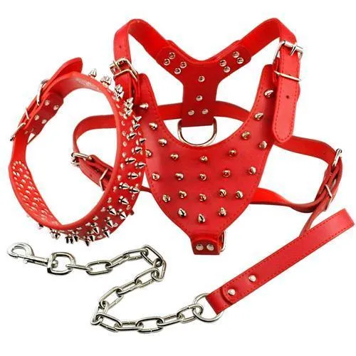 Spiked Studded Set of Genuine Leather Dog Harness Vest wt Rivets Collar & Leash