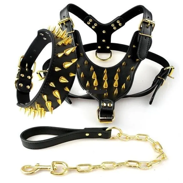 Spiked Studded Set of Genuine Leather Dog Harness Vest wt Rivets Collar & Leash
