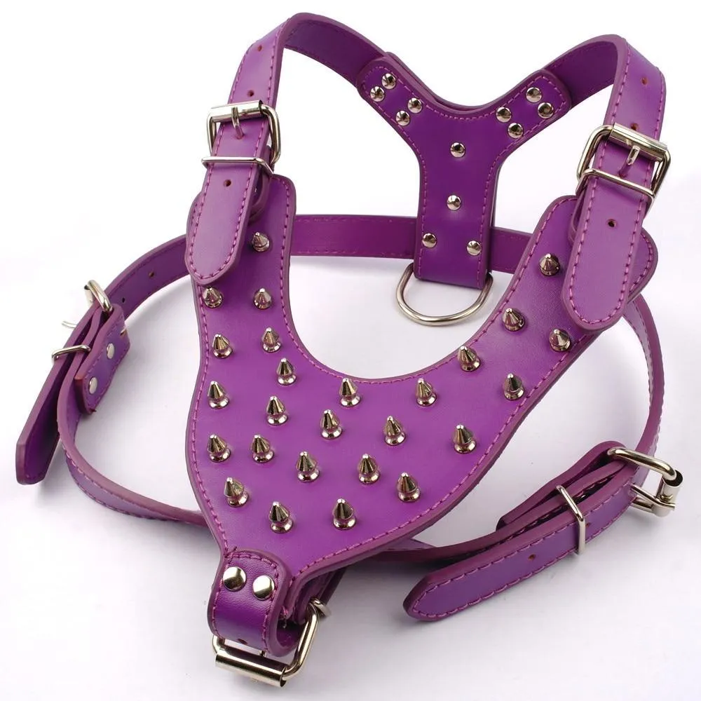 Spiked Studded Set of Genuine Leather Dog Harness Vest wt Rivets Collar & Leash