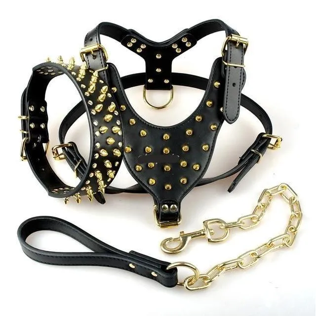 Spiked Studded Set of Genuine Leather Dog Harness Vest wt Rivets Collar & Leash
