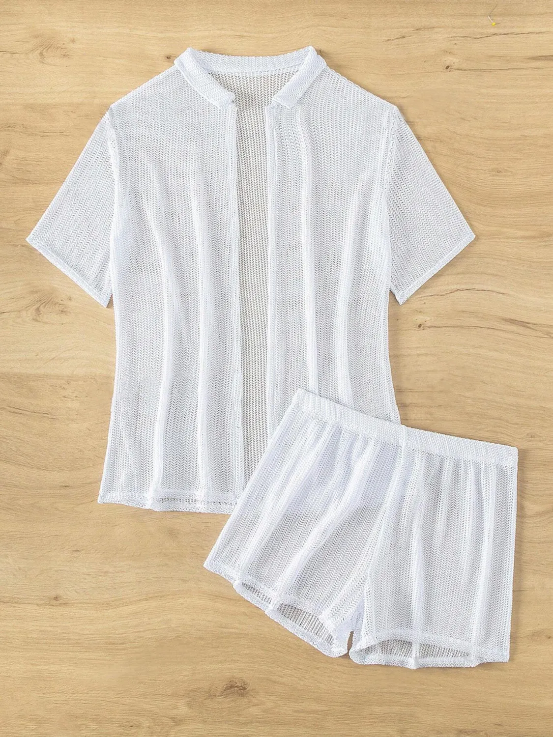 TEEK - Open Front Half Sleeve Top Shorts Cover Up Set