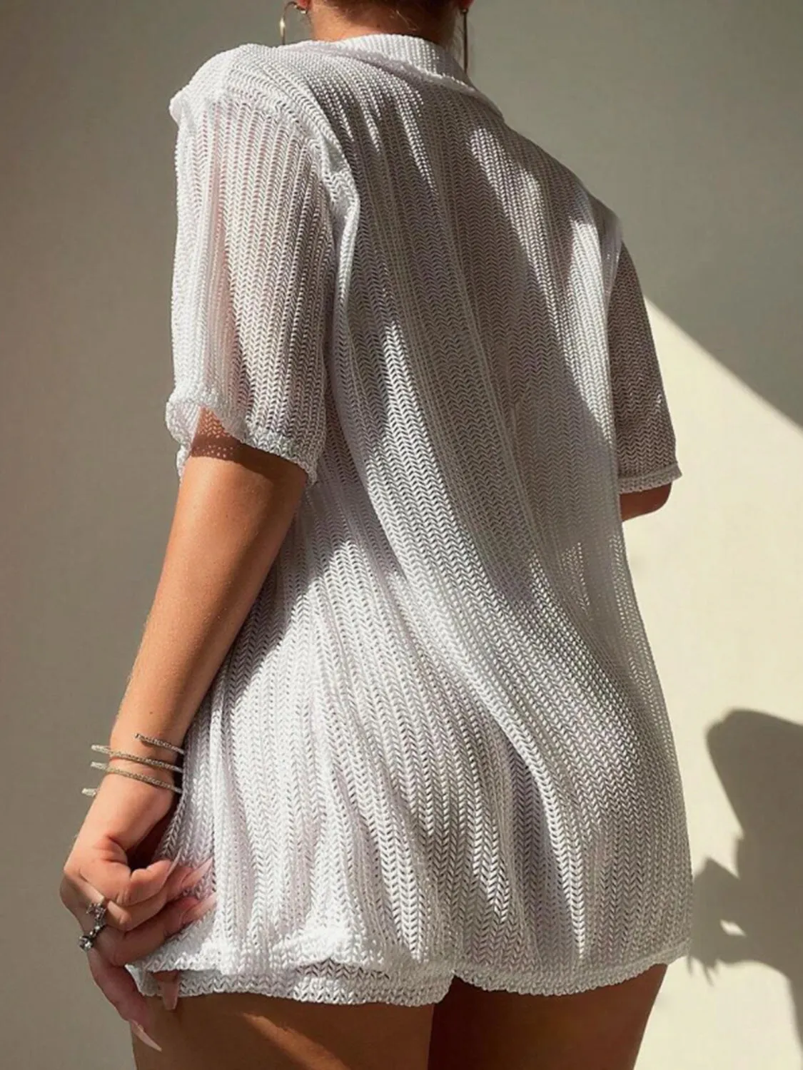 TEEK - Open Front Half Sleeve Top Shorts Cover Up Set