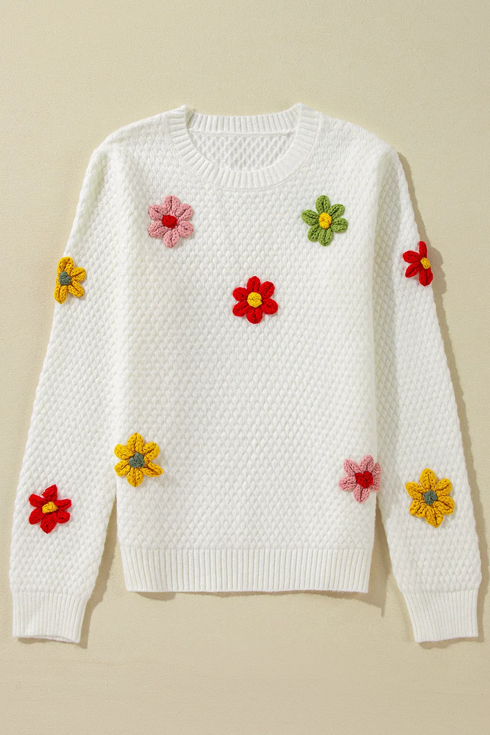 TEEK - White Crochet Flower Round Neck Long Sleeve Sweater