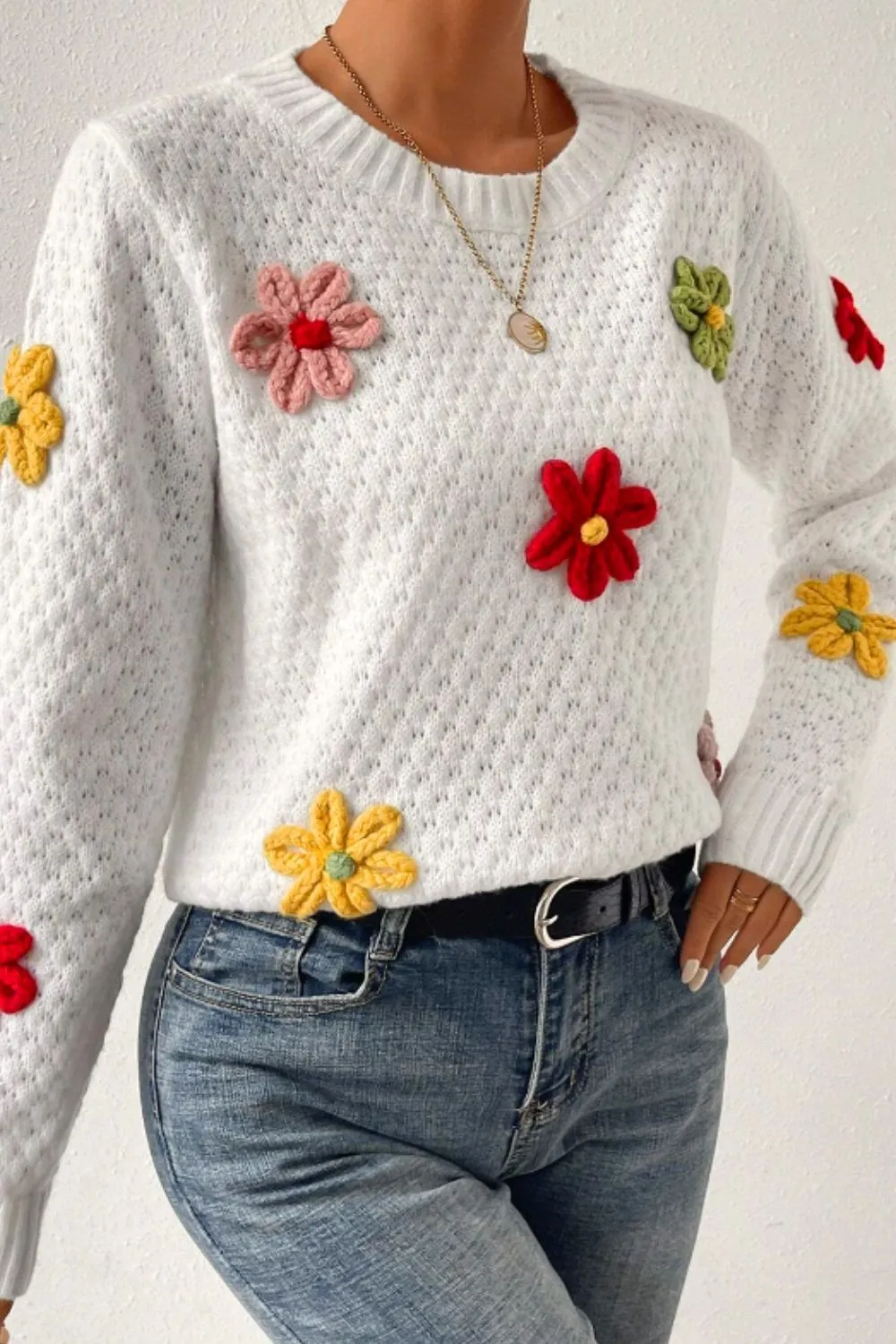 TEEK - White Crochet Flower Round Neck Long Sleeve Sweater