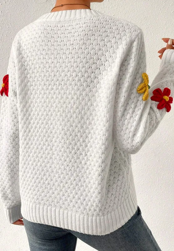 TEEK - White Crochet Flower Round Neck Long Sleeve Sweater