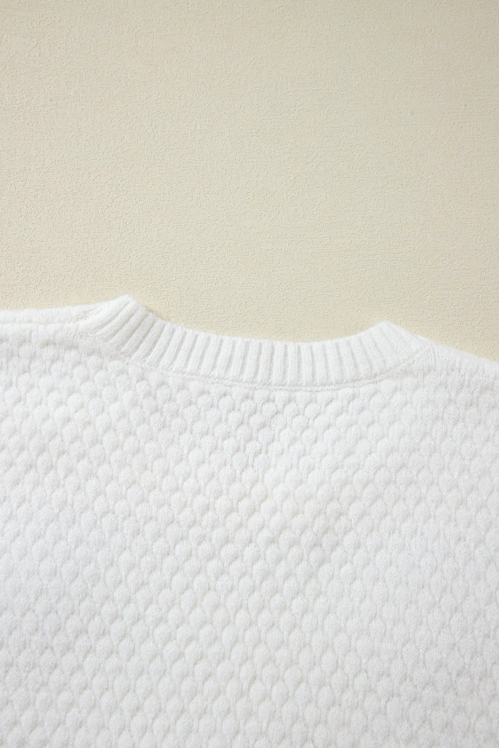 TEEK - White Crochet Flower Round Neck Long Sleeve Sweater