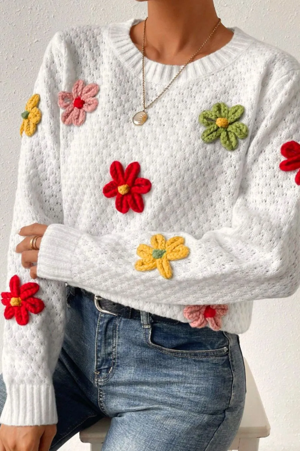 TEEK - White Crochet Flower Round Neck Long Sleeve Sweater