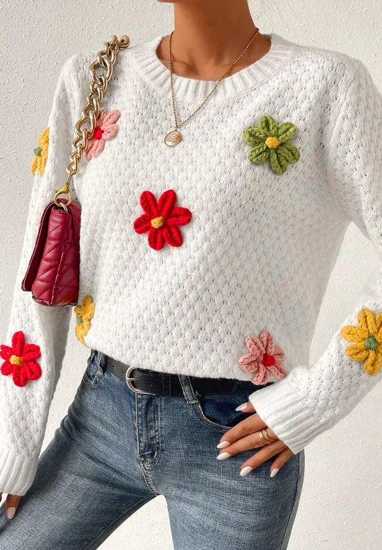 TEEK - White Crochet Flower Round Neck Long Sleeve Sweater