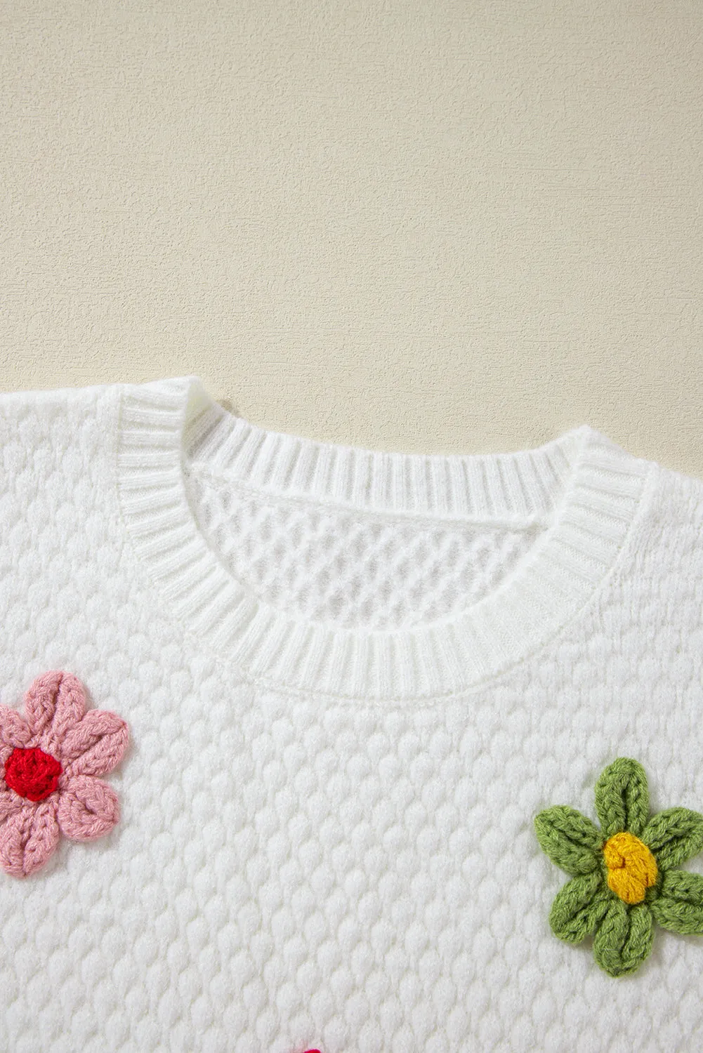 TEEK - White Crochet Flower Round Neck Long Sleeve Sweater