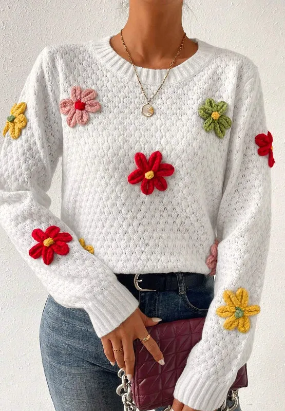 TEEK - White Crochet Flower Round Neck Long Sleeve Sweater